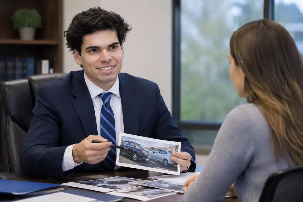Car accident attorney reviewing evidence with a Brea accident victim