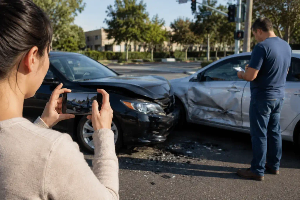 Driver documenting a car accident scene in Brea, California
