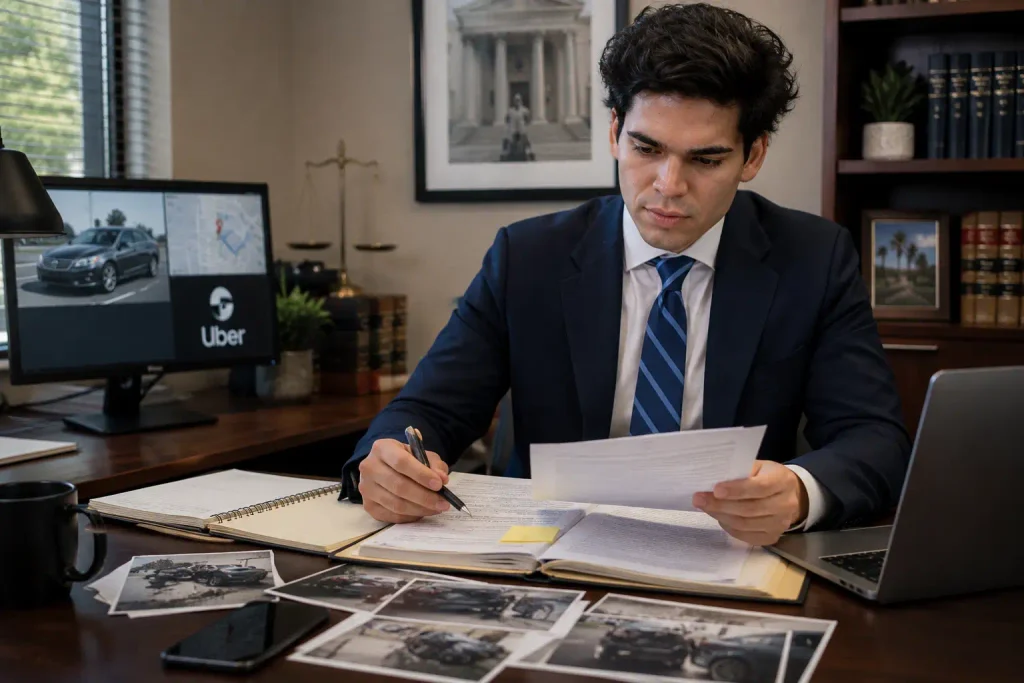 Lawyer reviewing an Uber accident case involving a Brea passenger